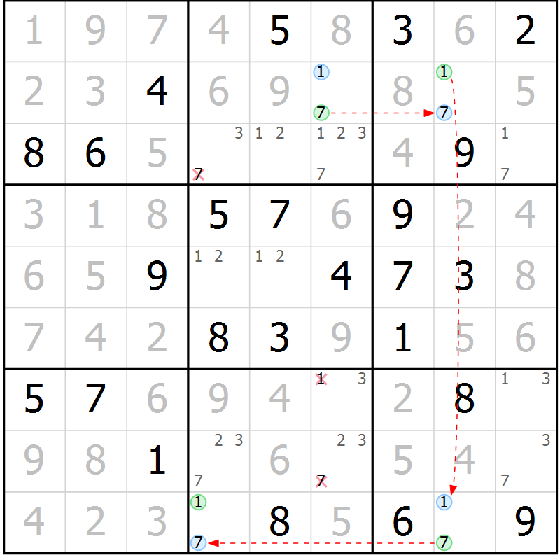 Position des candidats pour la solution de la Gr 46 page 49 du magazine de sudoku Virtuose n° 115