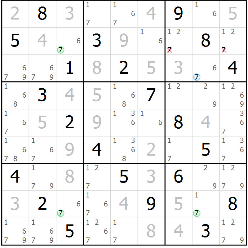 Position des candidats pour la solution de la Gr 49 page 52 du magazine de sudoku Virtuose n° 115
