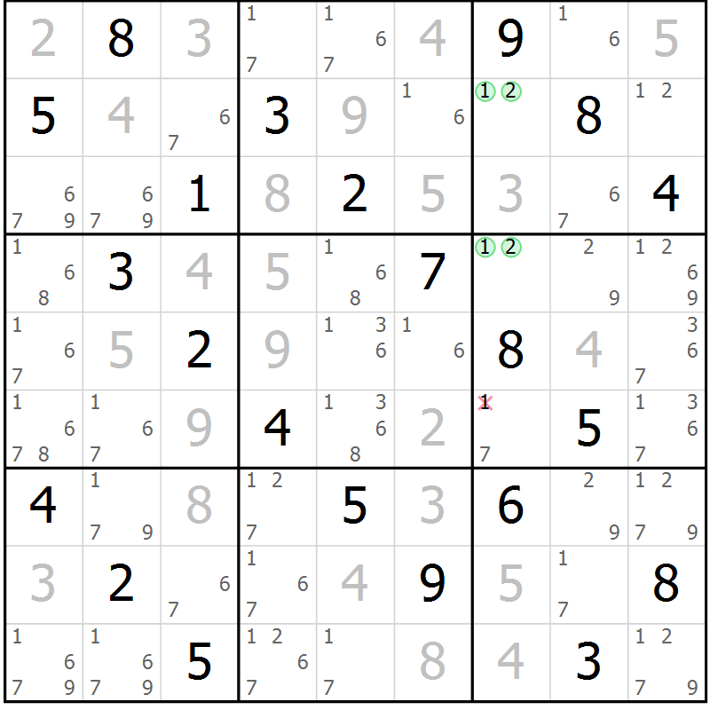 Position des candidats pour la solution de la Gr 49 page 52 du magazine de sudoku Virtuose n° 115