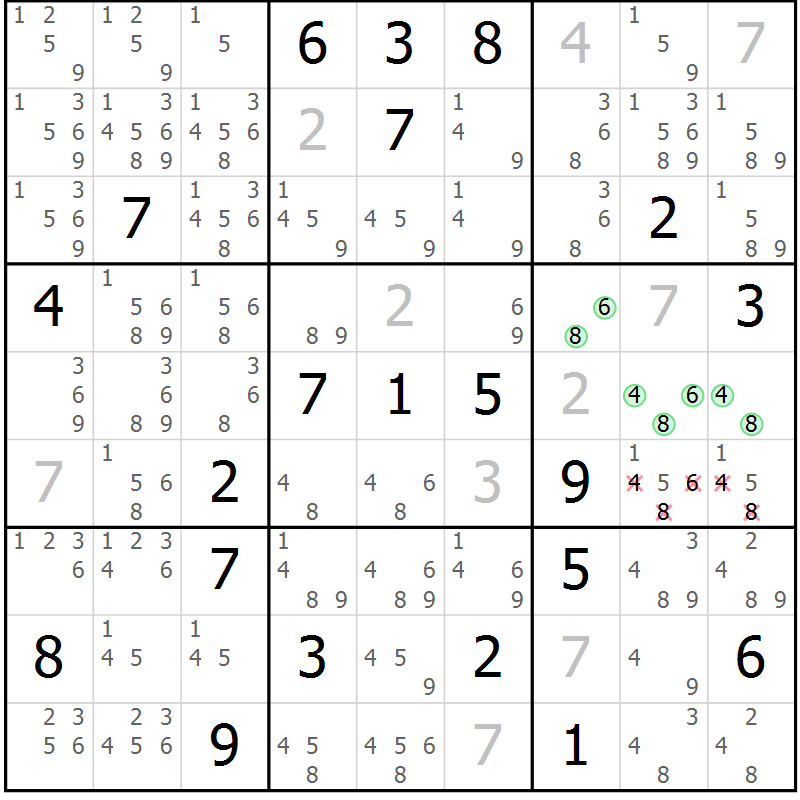 Position des candidats pour la solution de la Gr 5 page 8 du magazine de sudoku Virtuose n° 115