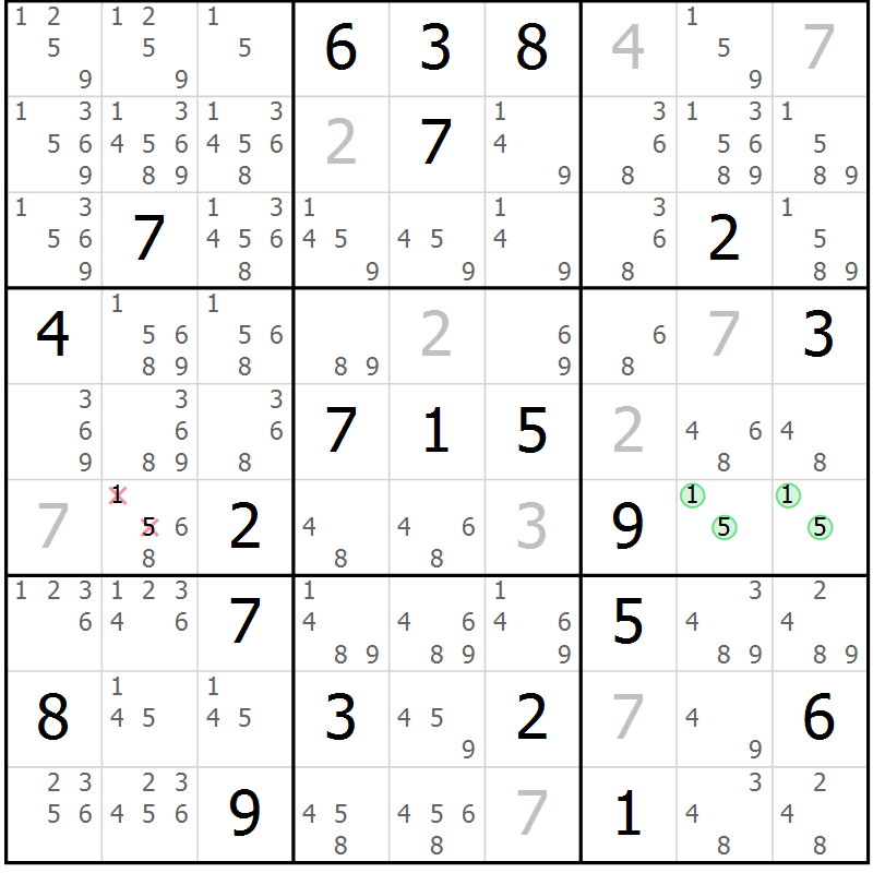 Position des candidats pour la solution de la Gr 5 page 8 du magazine de sudoku Virtuose n° 115
