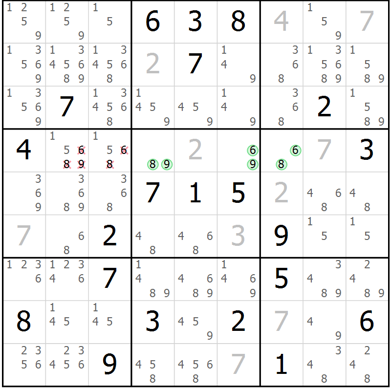Position des candidats pour la solution de la Gr 5 page 8 du magazine de sudoku Virtuose n° 115