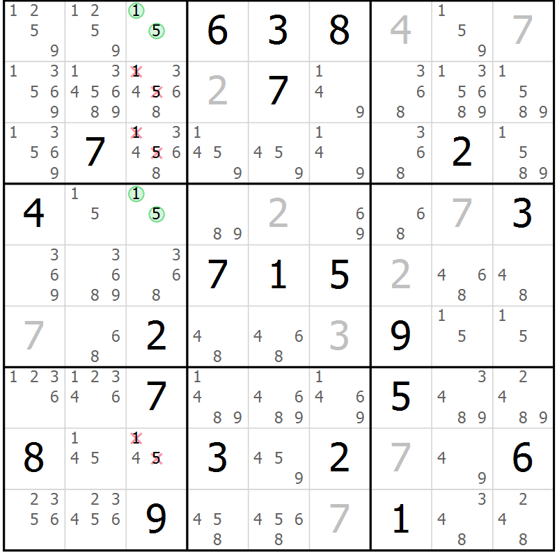 Position des candidats pour la solution de la Gr 5 page 8 du magazine de sudoku Virtuose n° 115