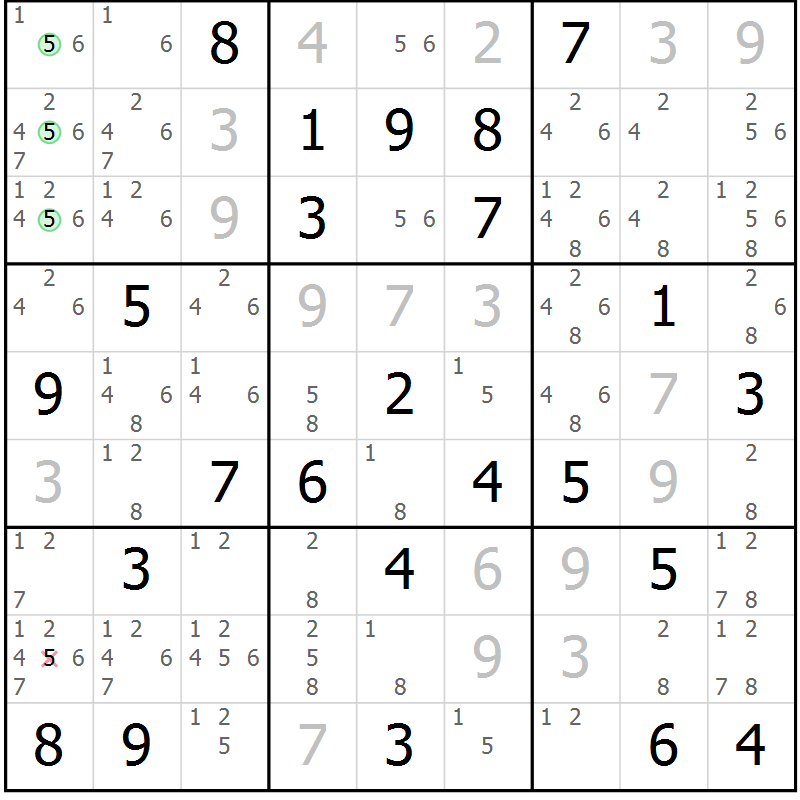 Position des candidats pour la solution de la Gr 52 page 55 du magazine de sudoku Virtuose n° 115