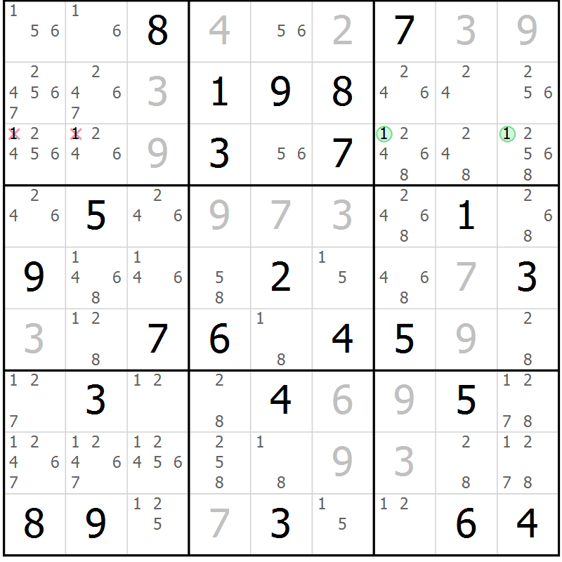 Position des candidats pour la solution de la Gr 52 page 55 du magazine de sudoku Virtuose n° 115