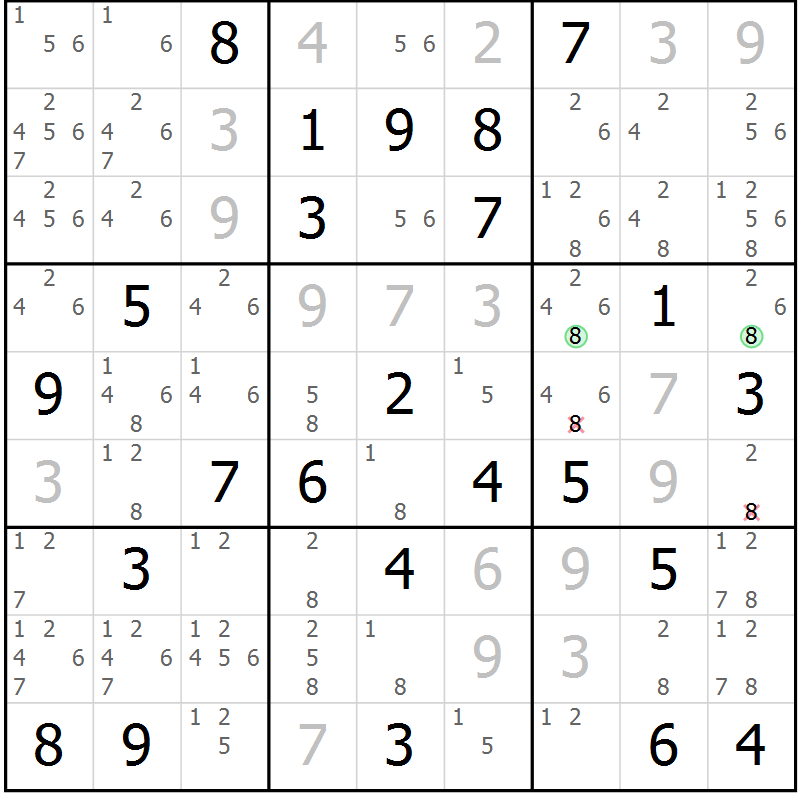 Position des candidats pour la solution de la Gr 52 page 55 du magazine de sudoku Virtuose n° 115