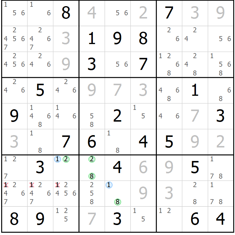 Position des candidats pour la solution de la Gr 52 page 55 du magazine de sudoku Virtuose n° 115