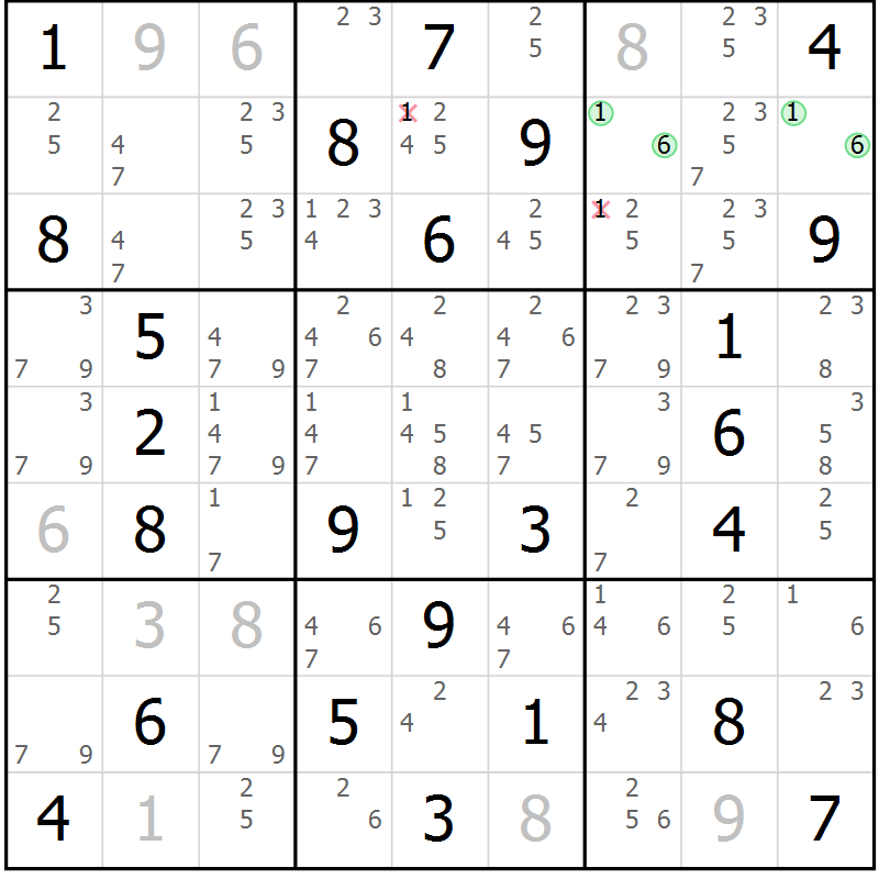 Position des candidats pour la solution de la Gr 55 page 58 du magazine de sudoku Virtuose n° 115