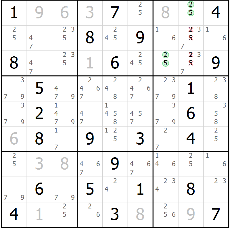 Position des candidats pour la solution de la Gr 55 page 58 du magazine de sudoku Virtuose n° 115