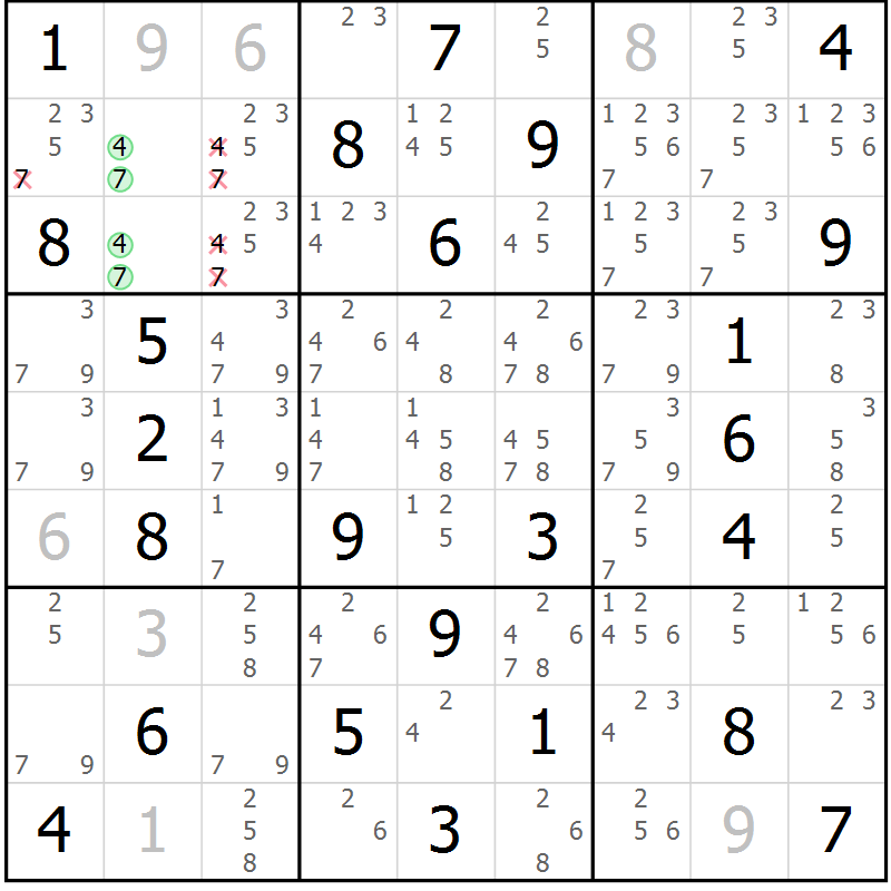 Position des candidats pour la solution de la Gr 55 page 58 du magazine de sudoku Virtuose n° 115