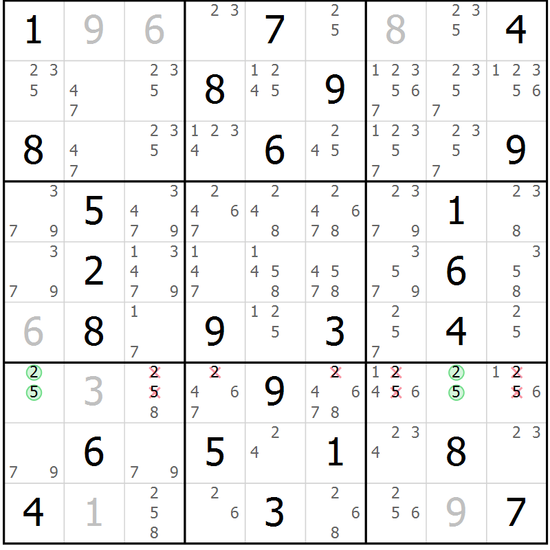Position des candidats pour la solution de la Gr 55 page 58 du magazine de sudoku Virtuose n° 115