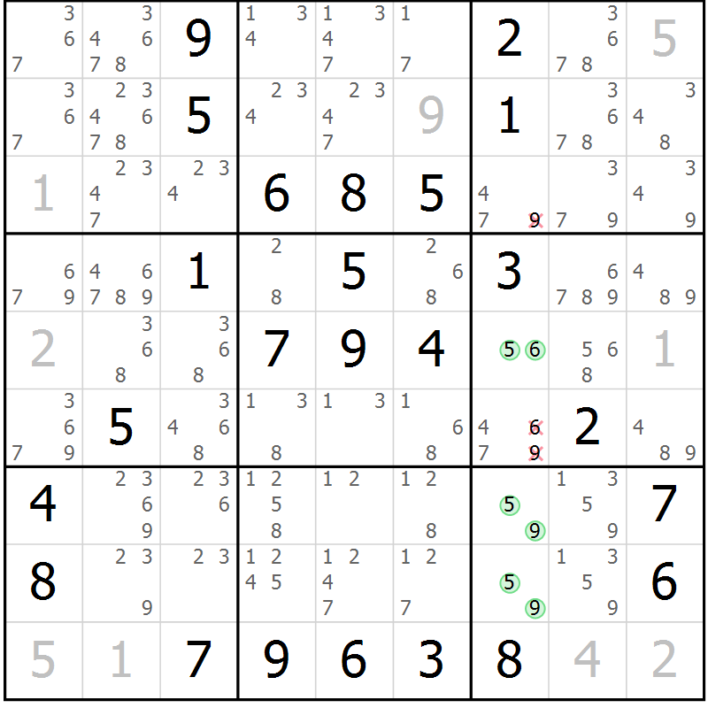 Position des candidats pour la solution de la Gr 57 page 60 du magazine de sudoku Virtuose n° 115