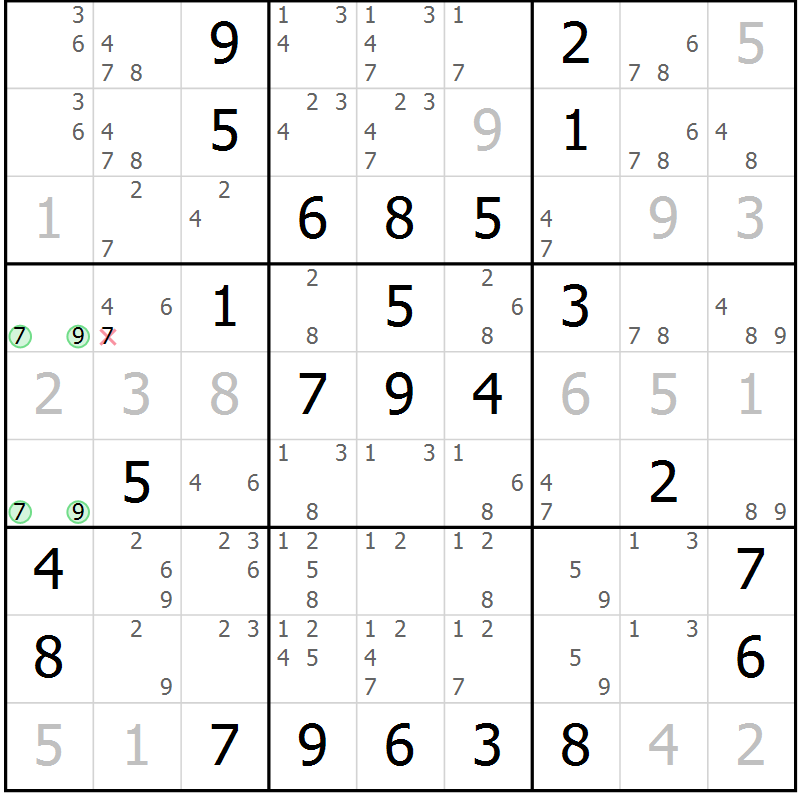 Position des candidats pour la solution de la Gr 57 page 60 du magazine de sudoku Virtuose n° 115
