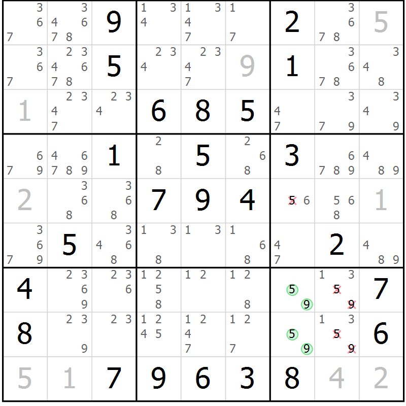 Position des candidats pour la solution de la Gr 57 page 60 du magazine de sudoku Virtuose n° 115