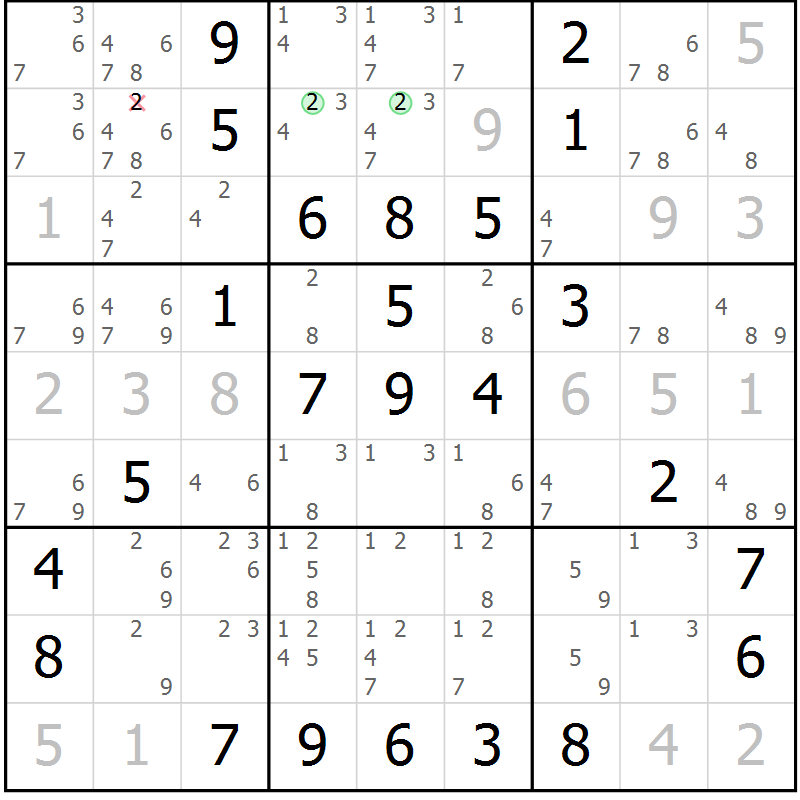 Position des candidats pour la solution de la Gr 57 page 60 du magazine de sudoku Virtuose n° 115