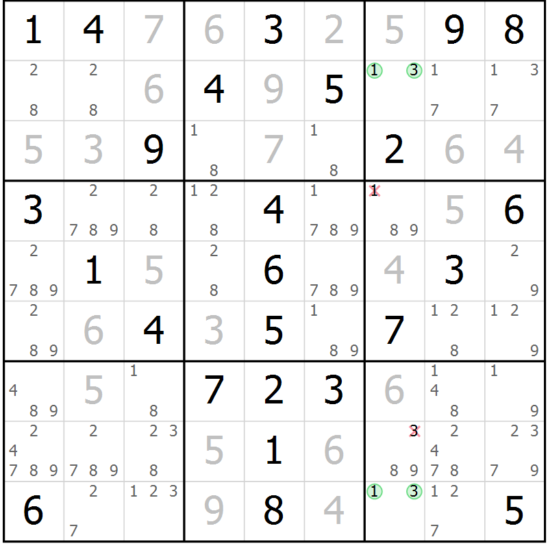 Position des candidats pour la solution de la Gr 58 page 61 du magazine de sudoku Virtuose n° 115