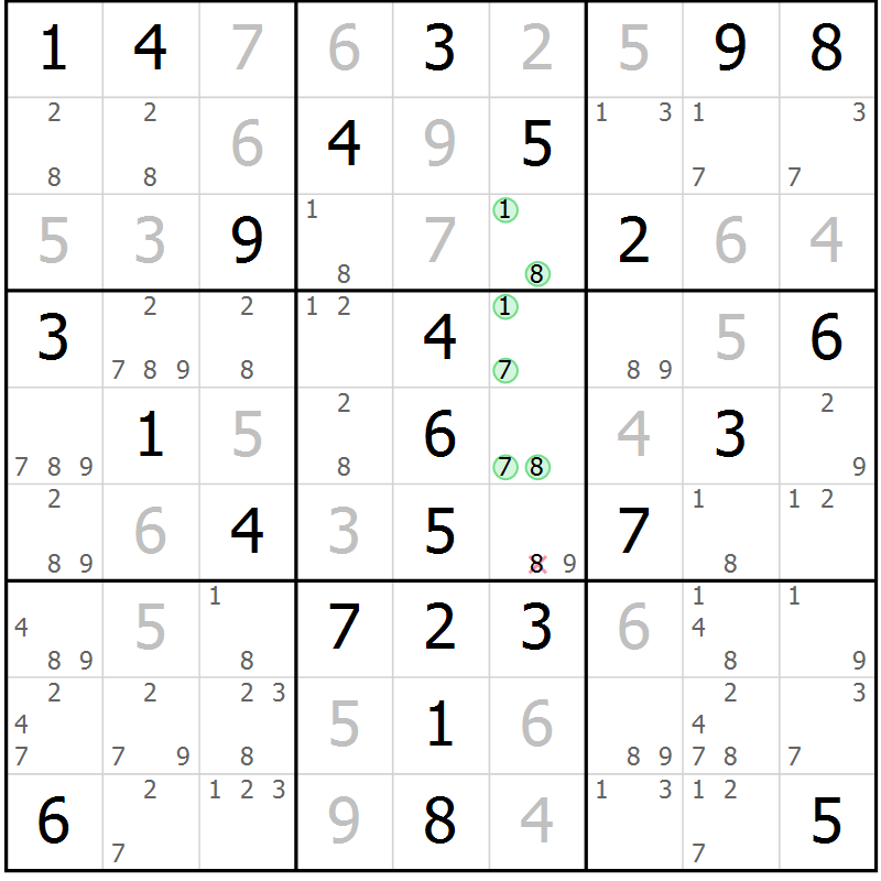 Position des candidats pour la solution de la Gr 58 page 61 du magazine de sudoku Virtuose n° 115