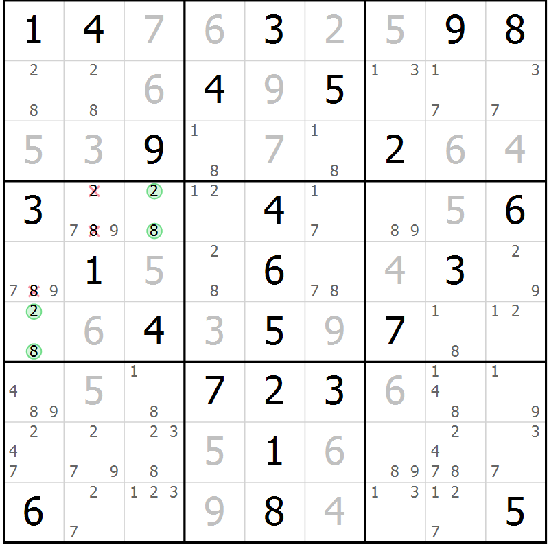 Position des candidats pour la solution de la Gr 58 page 61 du magazine de sudoku Virtuose n° 115