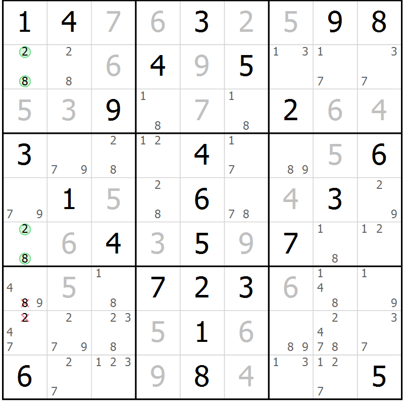 Position des candidats pour la solution de la Gr 58 page 61 du magazine de sudoku Virtuose n° 115