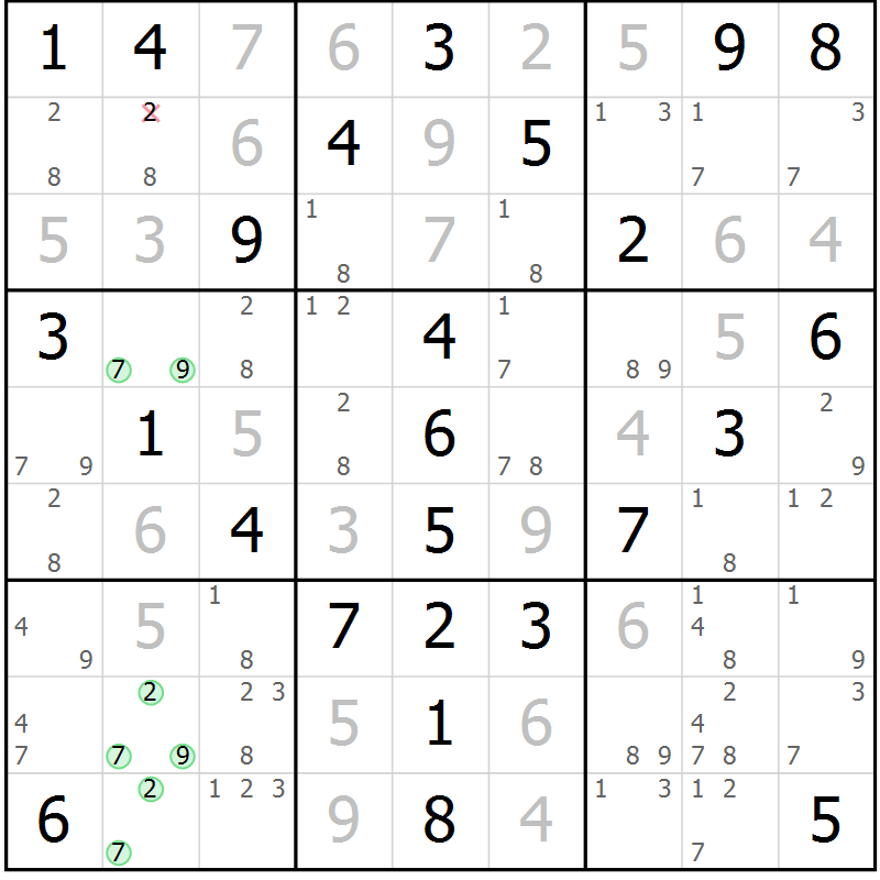 Position des candidats pour la solution de la Gr 58 page 61 du magazine de sudoku Virtuose n° 115