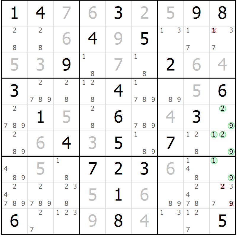 Position des candidats pour la solution de la Gr 58 page 61 du magazine de sudoku Virtuose n° 115