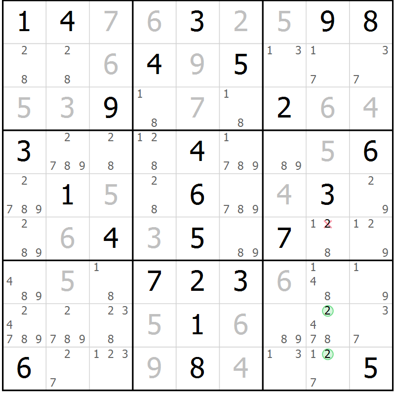 Position des candidats pour la solution de la Gr 58 page 61 du magazine de sudoku Virtuose n° 115