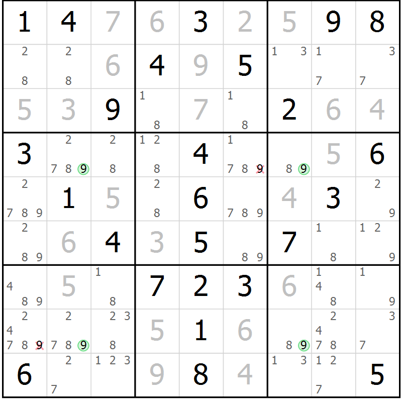 Position des candidats pour la solution de la Gr 58 page 61 du magazine de sudoku Virtuose n° 115