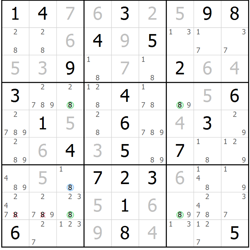 Position des candidats pour la solution de la Gr 58 page 61 du magazine de sudoku Virtuose n° 115