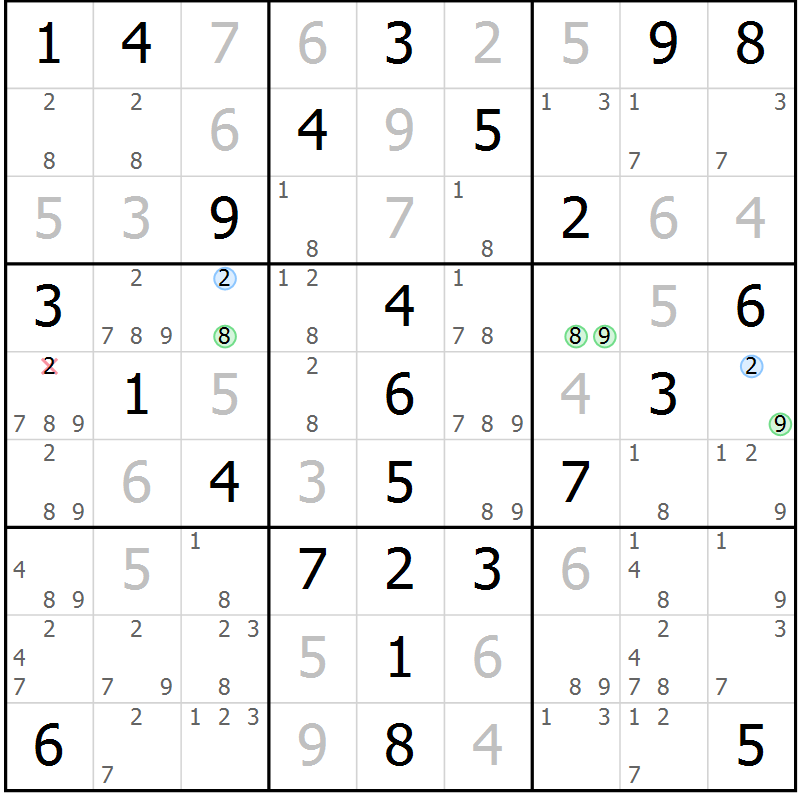 Position des candidats pour la solution de la Gr 58 page 61 du magazine de sudoku Virtuose n° 115