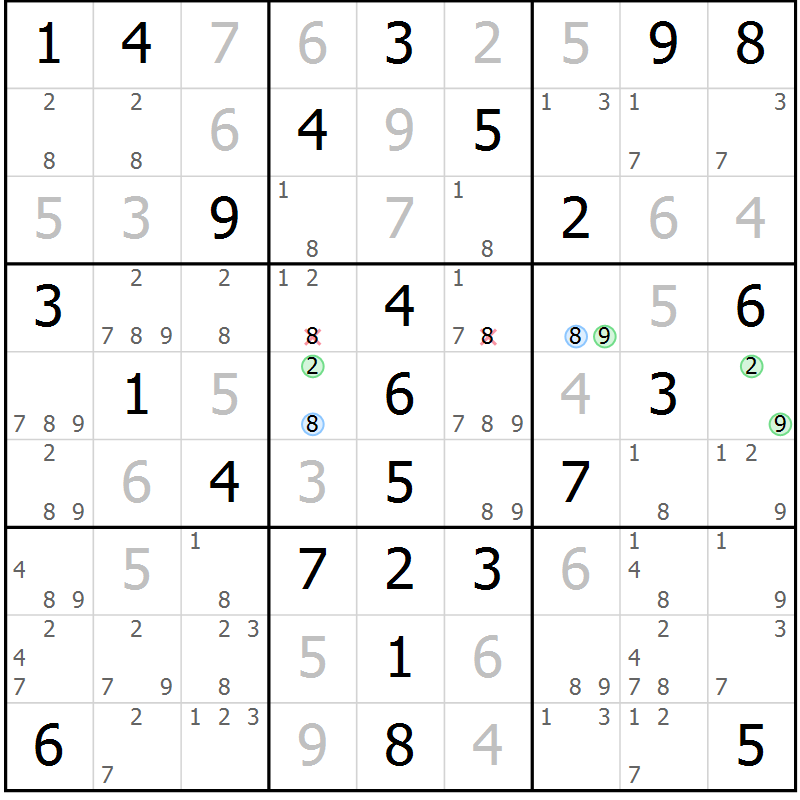 Position des candidats pour la solution de la Gr 58 page 61 du magazine de sudoku Virtuose n° 115