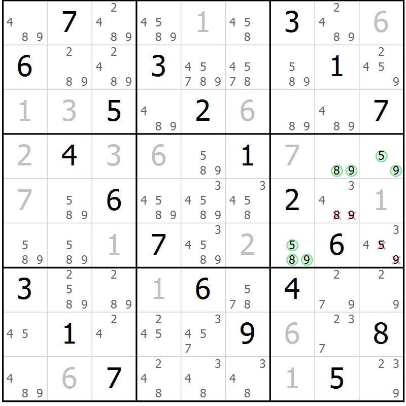 Position des candidats pour la solution de la Gr 59 page 62 du magazine de sudoku Virtuose n° 115