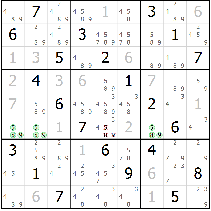 Position des candidats pour la solution de la Gr 59 page 62 du magazine de sudoku Virtuose n° 115