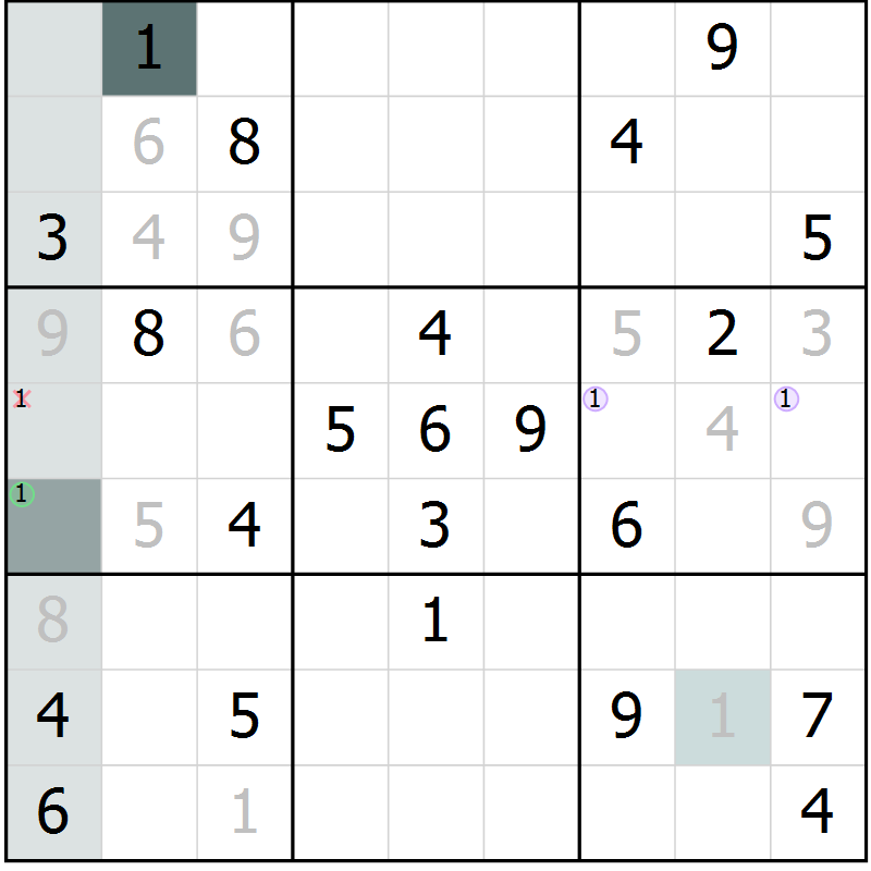 Position des candidats pour la solution de la Gr 6 page 9 du magazine de sudoku Virtuose n° 115