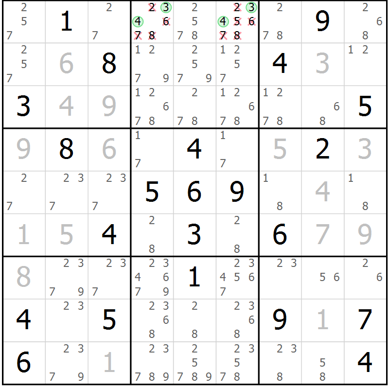 Position des candidats pour la solution de la Gr 6 page 9 du magazine de sudoku Virtuose n° 115