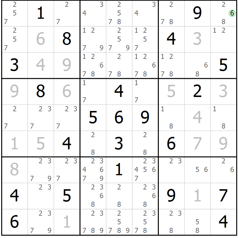 Position des candidats pour la solution de la Gr 6 page 9 du magazine de sudoku Virtuose n° 115