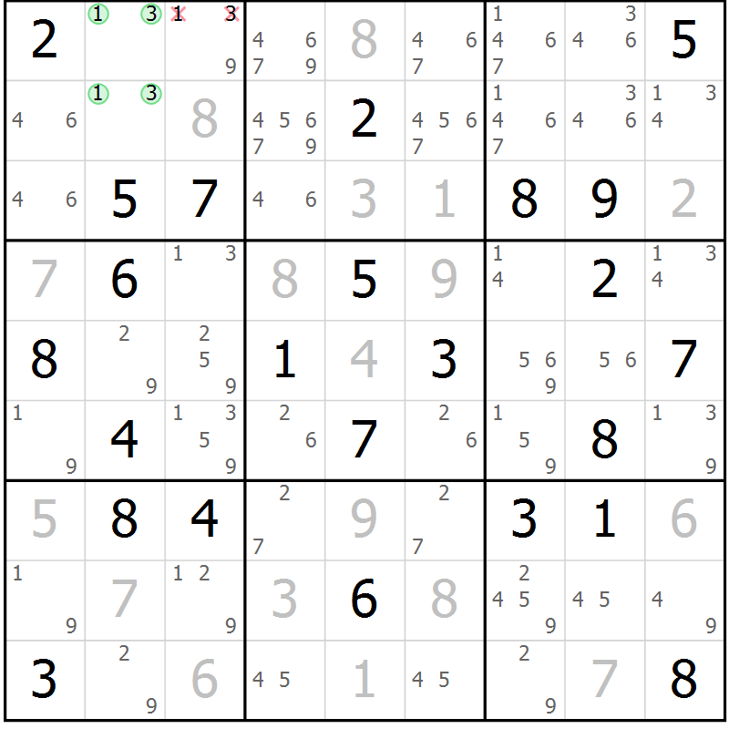 Position des candidats pour la solution de la Gr 60 page 63 du magazine de sudoku Virtuose n° 115