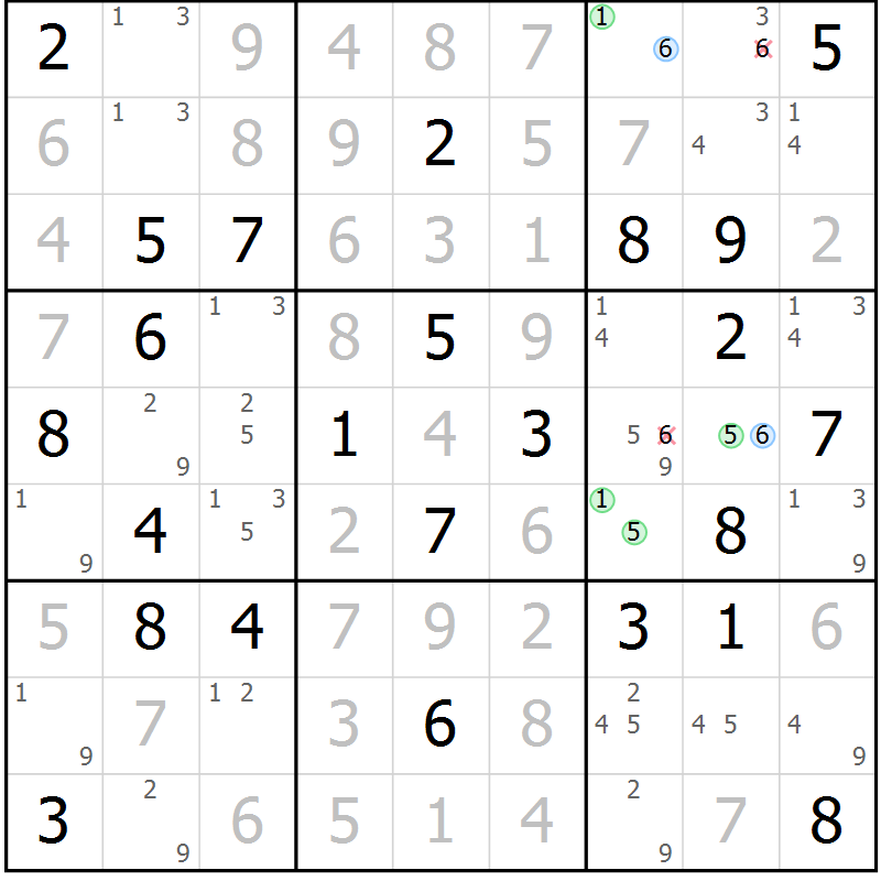 Position des candidats pour la solution de la Gr 60 page 63 du magazine de sudoku Virtuose n° 115