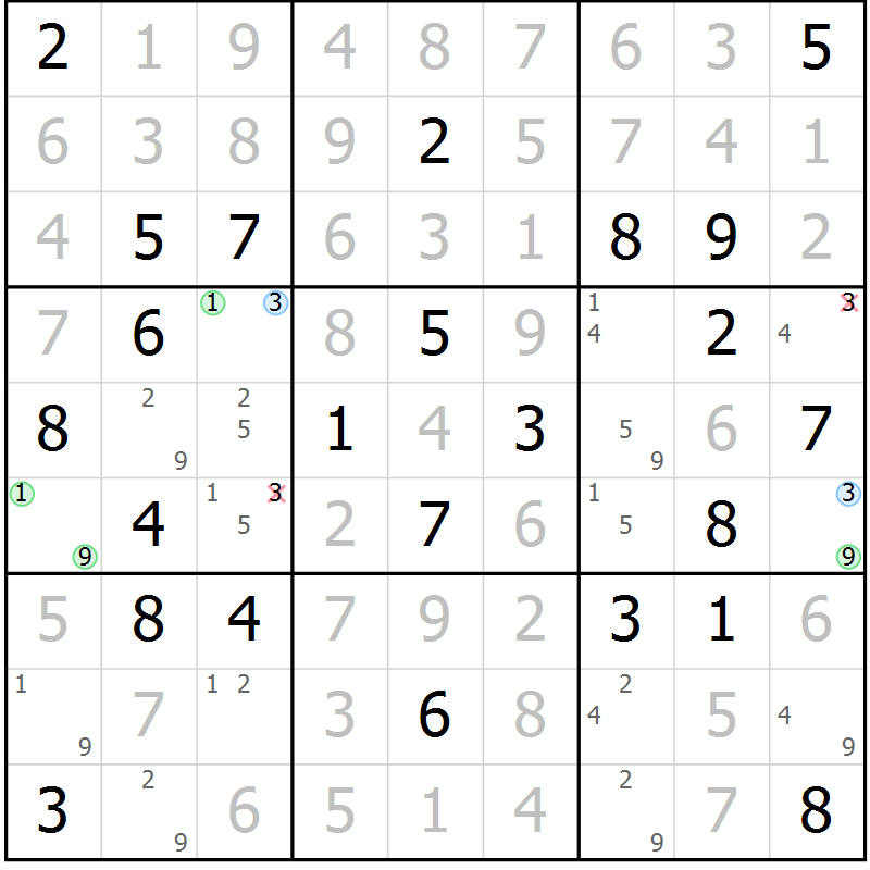 Position des candidats pour la solution de la Gr 60 page 63 du magazine de sudoku Virtuose n° 115