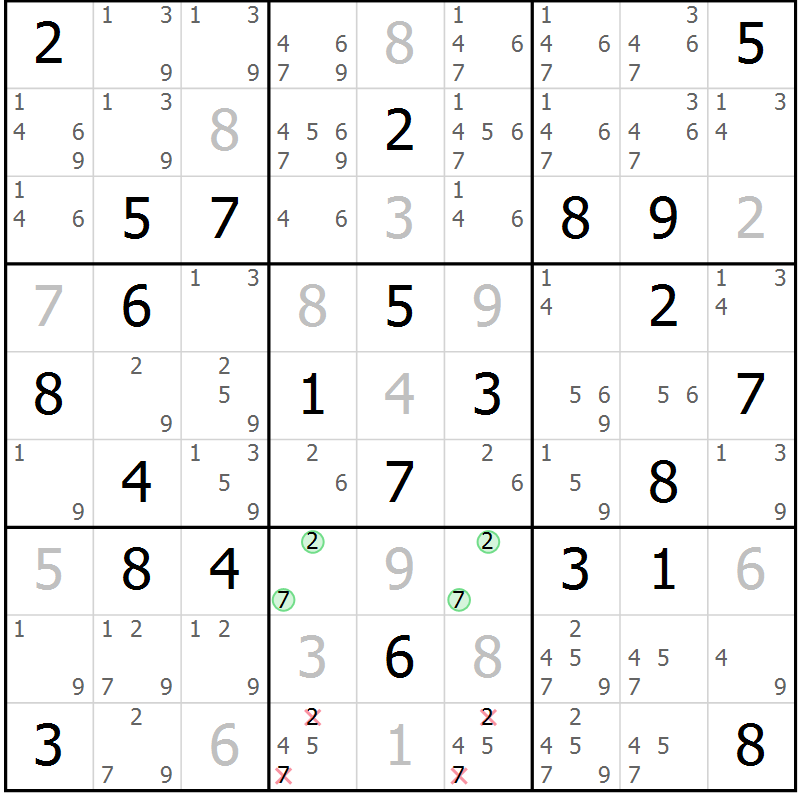 Position des candidats pour la solution de la Gr 60 page 63 du magazine de sudoku Virtuose n° 115