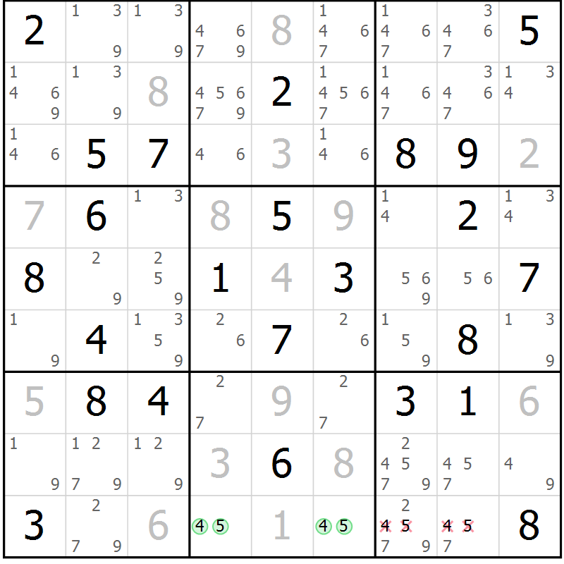 Position des candidats pour la solution de la Gr 60 page 63 du magazine de sudoku Virtuose n° 115