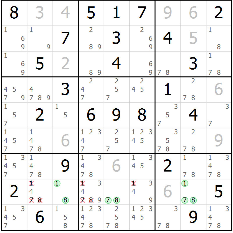 Position des candidats pour la solution de la Gr 61 page 64 du magazine de sudoku Virtuose n° 115