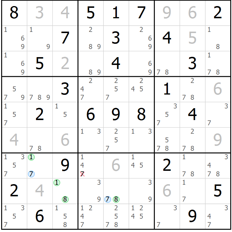 Position des candidats pour la solution de la Gr 61 page 64 du magazine de sudoku Virtuose n° 115