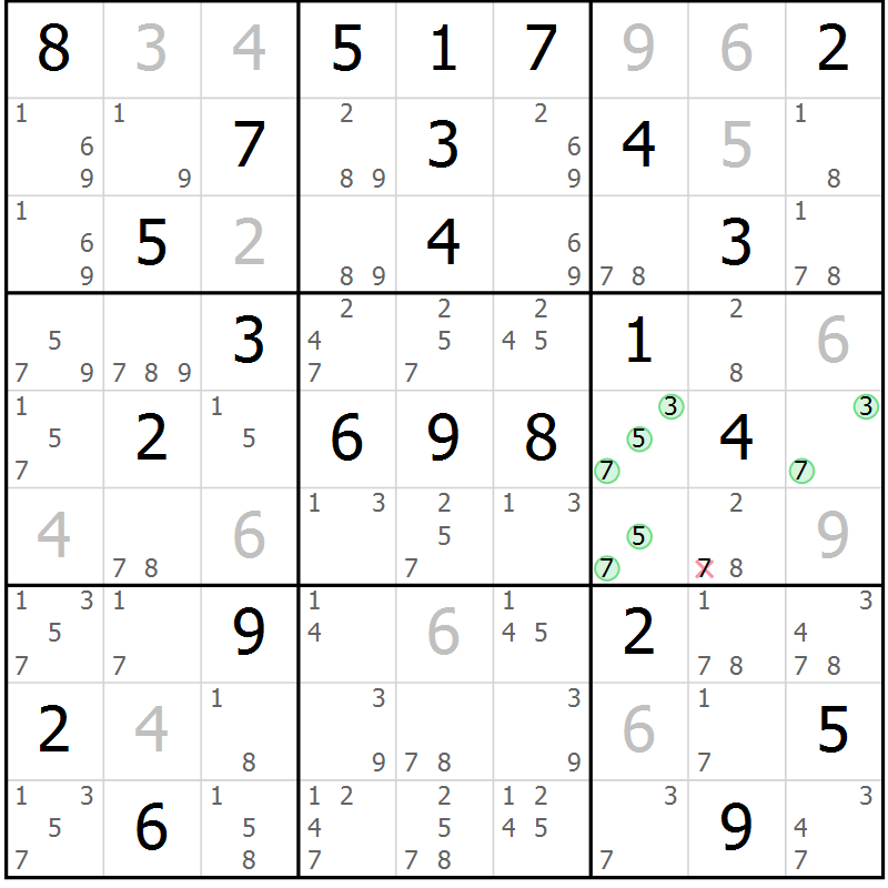 Position des candidats pour la solution de la Gr 61 page 64 du magazine de sudoku Virtuose n° 115