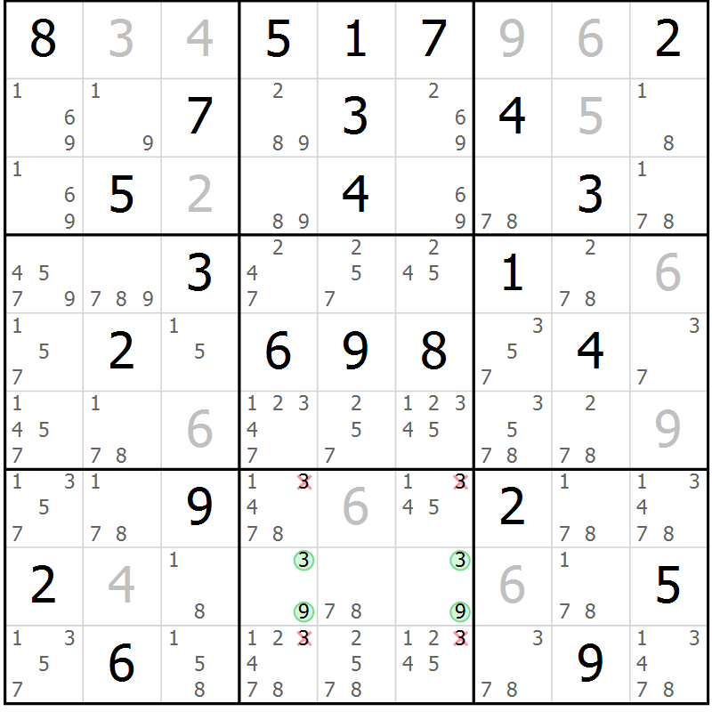 Position des candidats pour la solution de la Gr 61 page 64 du magazine de sudoku Virtuose n° 115
