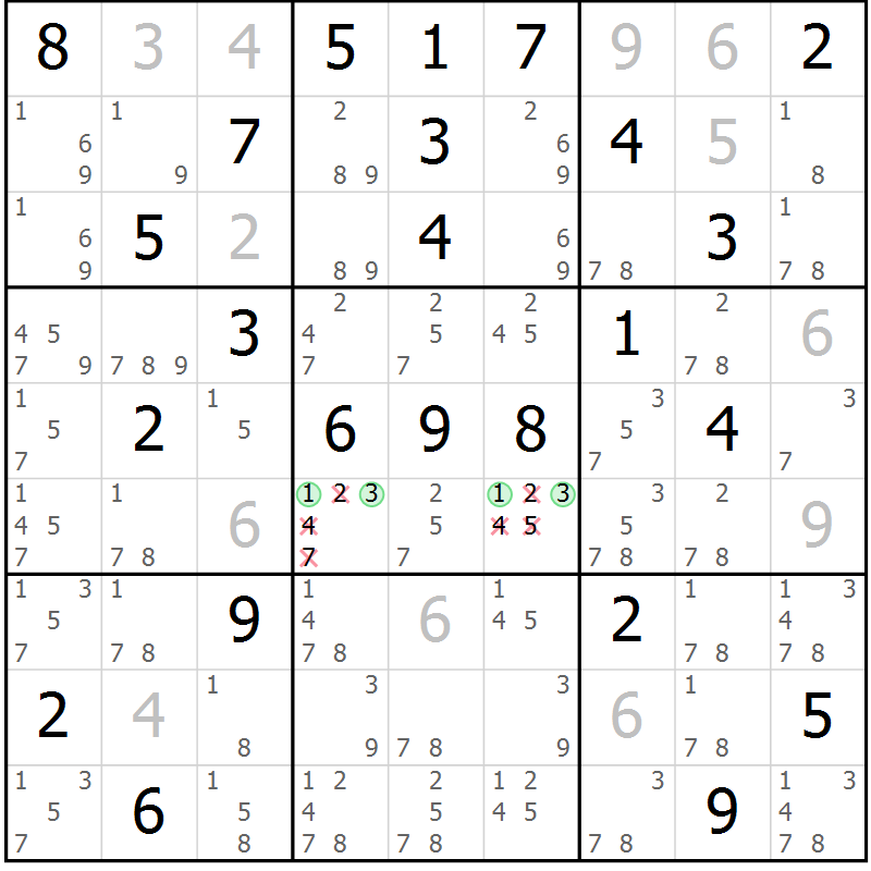 Position des candidats pour la solution de la Gr 61 page 64 du magazine de sudoku Virtuose n° 115