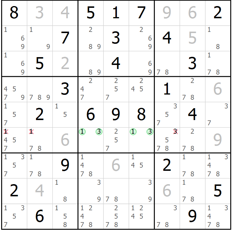 Position des candidats pour la solution de la Gr 61 page 64 du magazine de sudoku Virtuose n° 115
