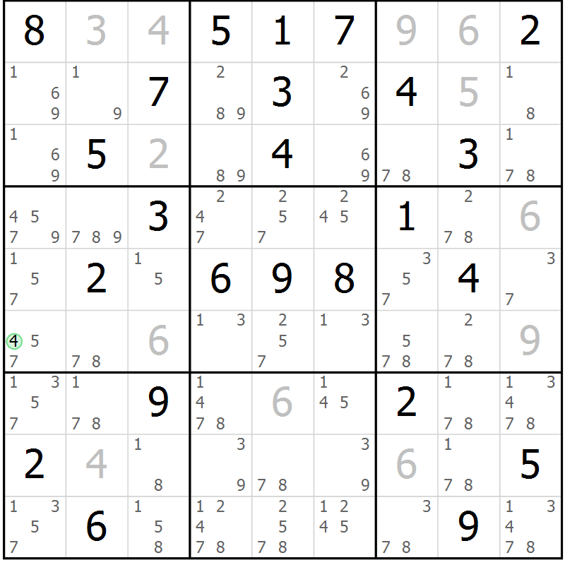Position des candidats pour la solution de la Gr 61 page 64 du magazine de sudoku Virtuose n° 115