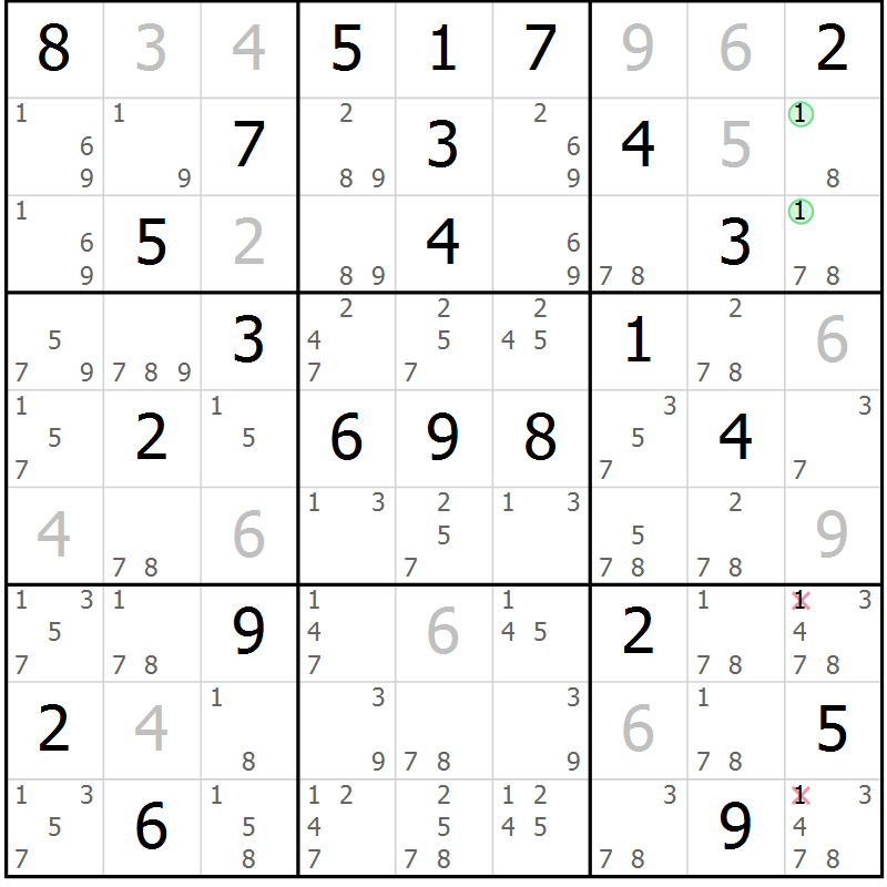 Position des candidats pour la solution de la Gr 61 page 64 du magazine de sudoku Virtuose n° 115