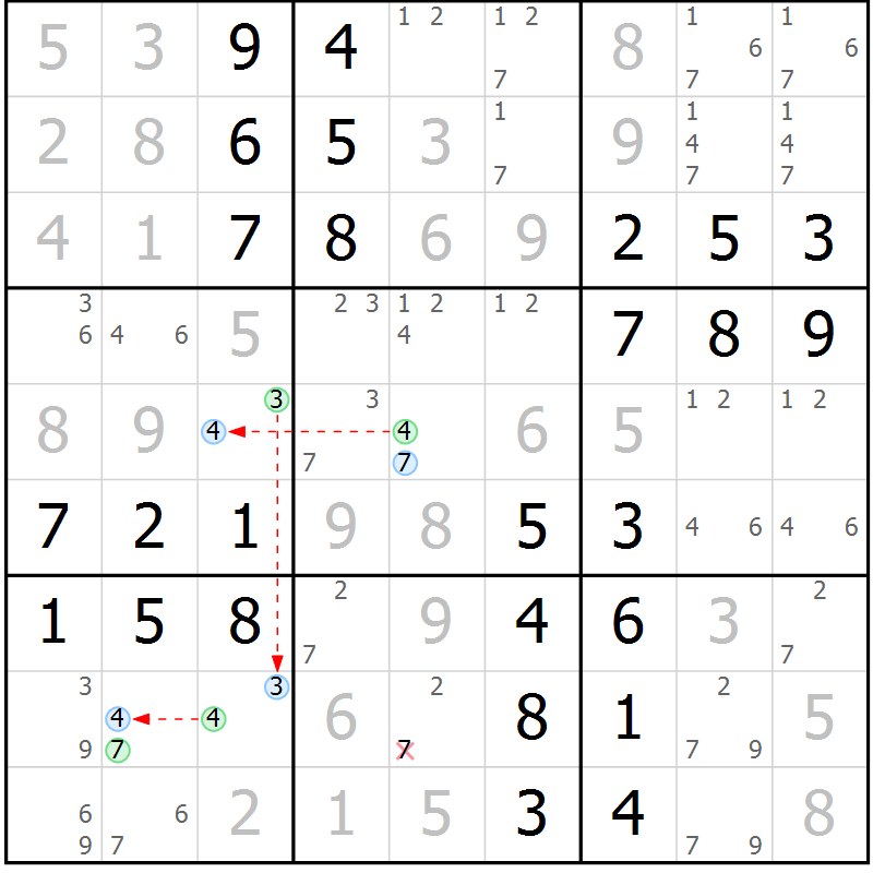 Position des candidats pour la solution de la Gr 63 page 66 du magazine de sudoku Virtuose n° 115