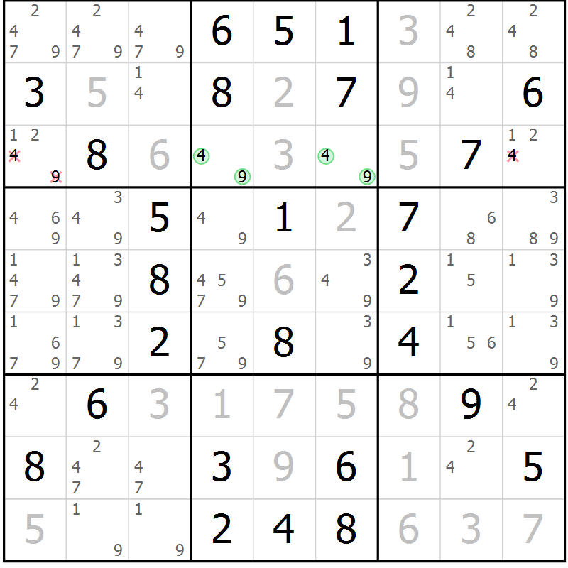 Position des candidats pour la solution de la Gr 64 page 67 du magazine de sudoku Virtuose n° 115